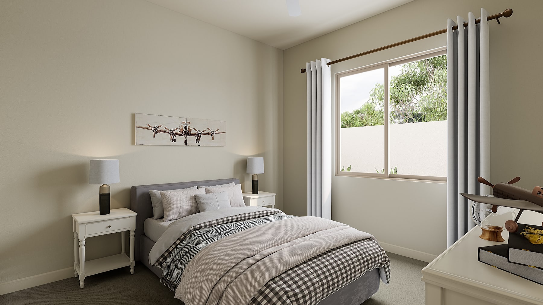 A cozy and well-furnished bedroom with a large window overlooking a lush outdoor area, featuring a bed with a patterned comforter, nightstands, and decorative accents.
