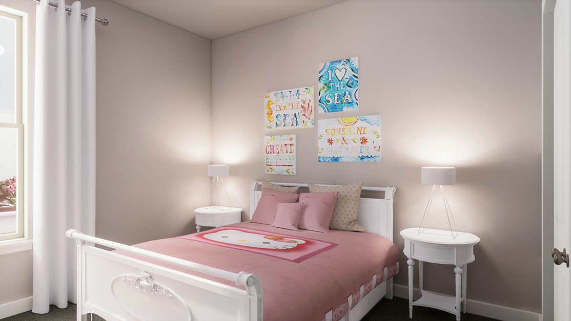 A cozy and colorful bedroom with a pink bed, white furniture, and artwork on the walls.
