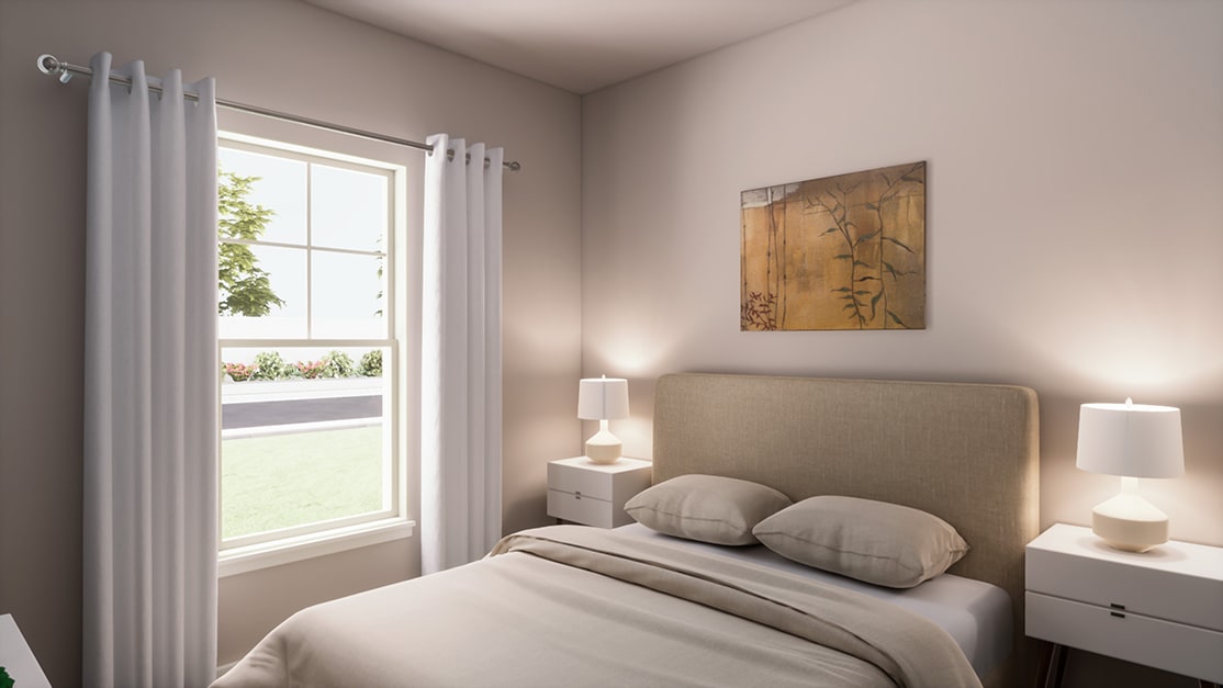 A cozy and inviting bedroom with a large window overlooking a lush outdoor scene, featuring a neutral-toned bed with plush pillows and a decorative artwork on the wall.