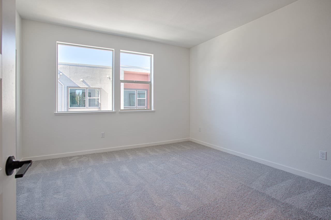 A spacious, well-lit room with white walls, a carpeted floor, and two large windows providing natural light.