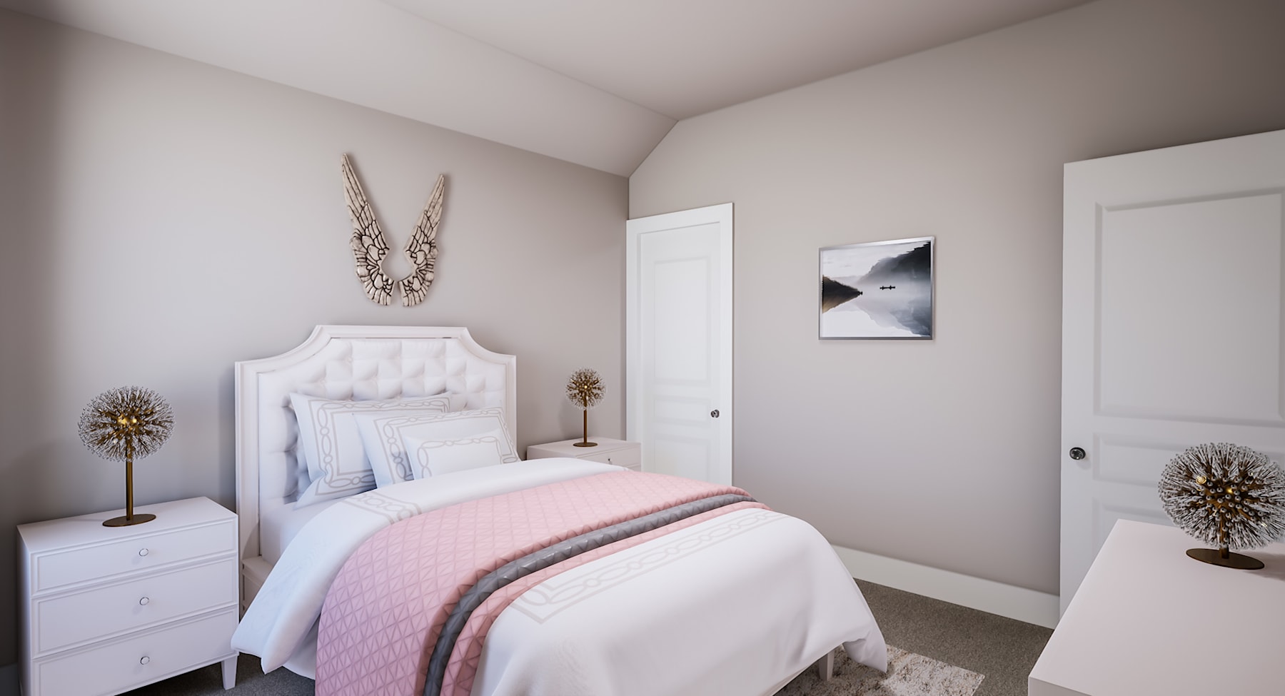A cozy and stylish bedroom with a white tufted headboard, pink and gray bedding, and decorative wall accents.