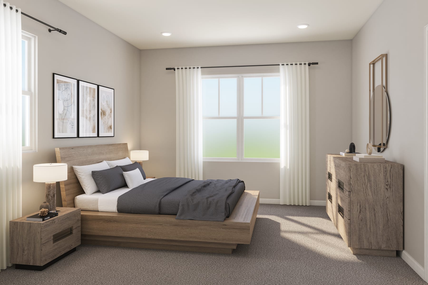A cozy and modern bedroom with a wooden bed frame, neutral-toned bedding, and a large window providing natural light and a view of the outdoors.