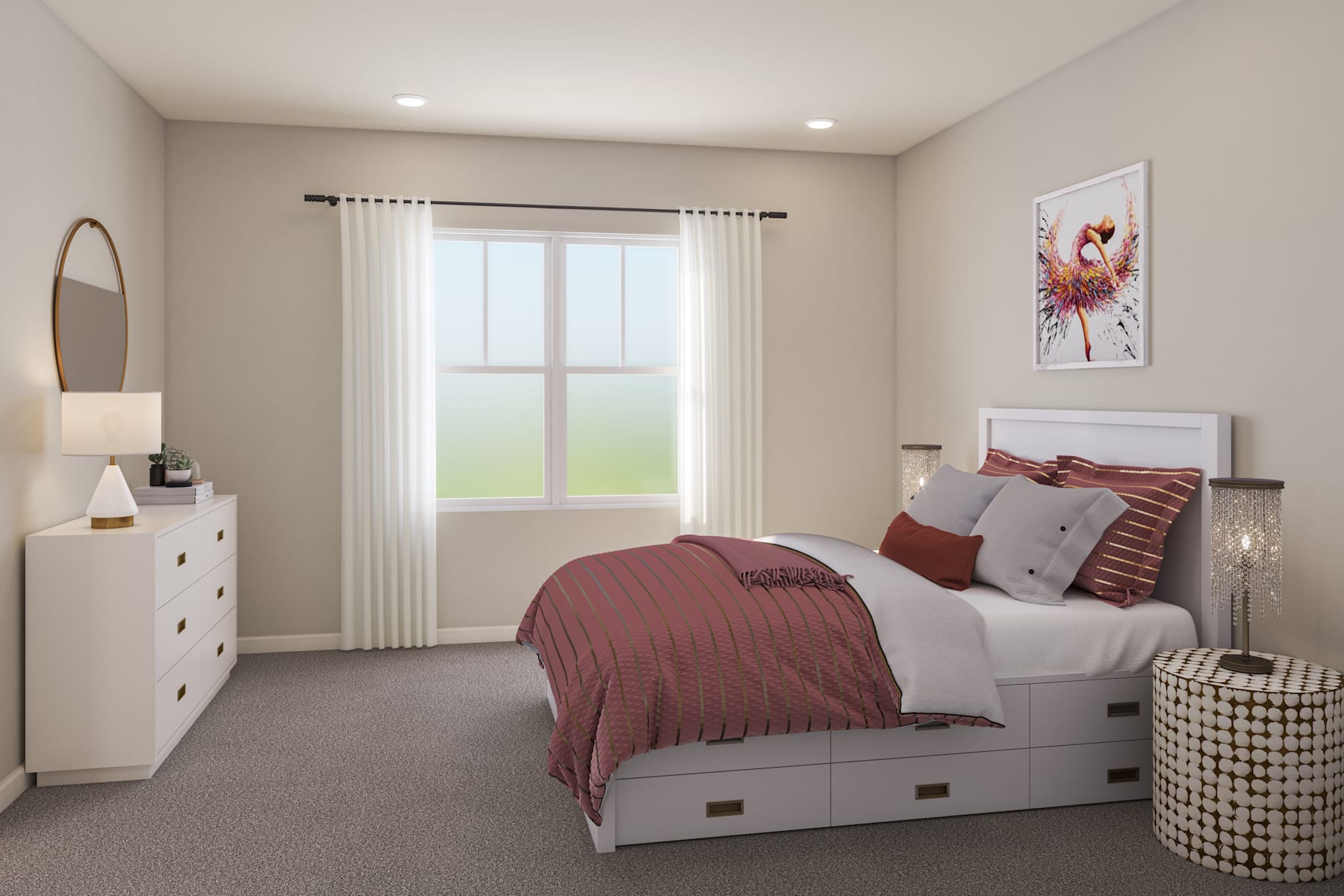 A cozy and well-furnished bedroom with a large window, a bed with a burgundy comforter, and various decorative elements such as a mirror, artwork, and a storage unit.