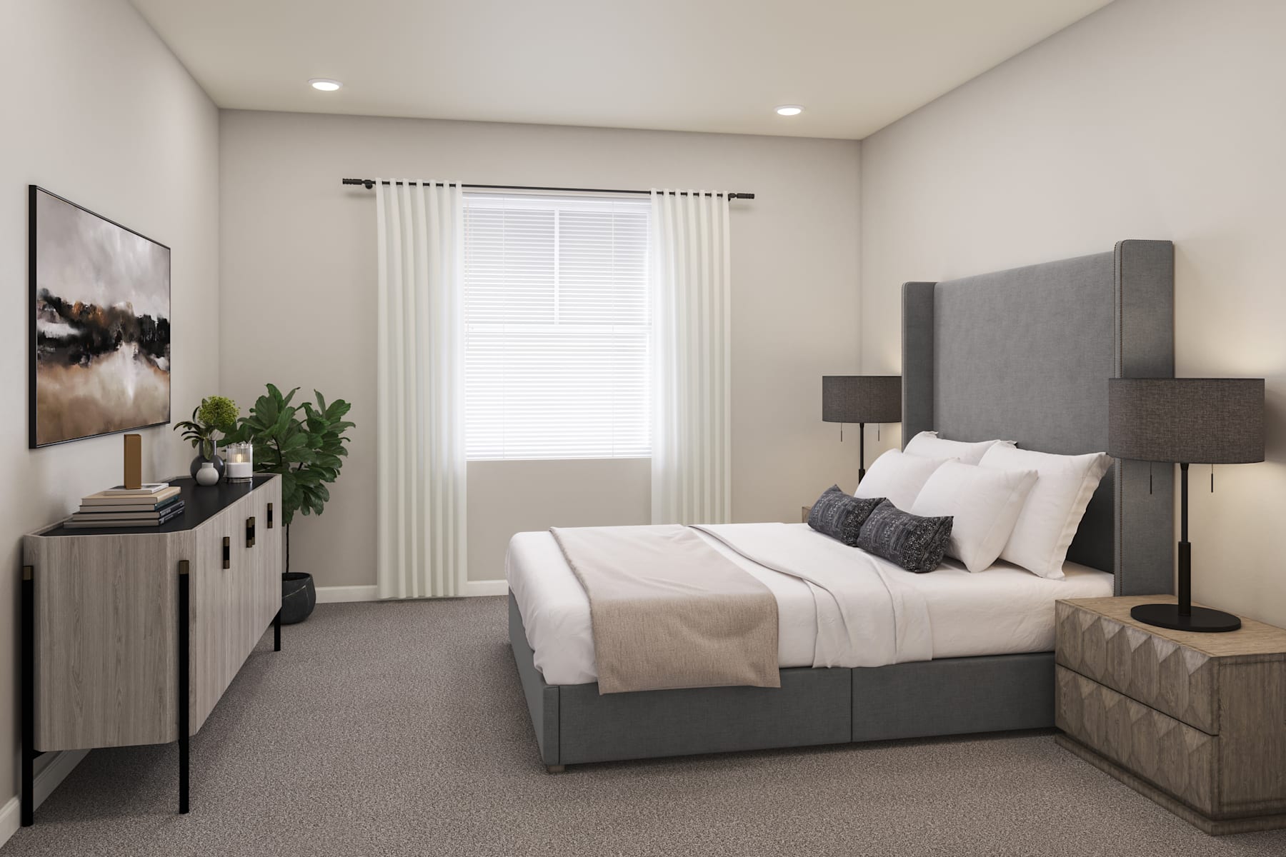 A cozy and modern bedroom with a large bed, nightstands, and a dresser, complemented by a large window and artwork on the wall.