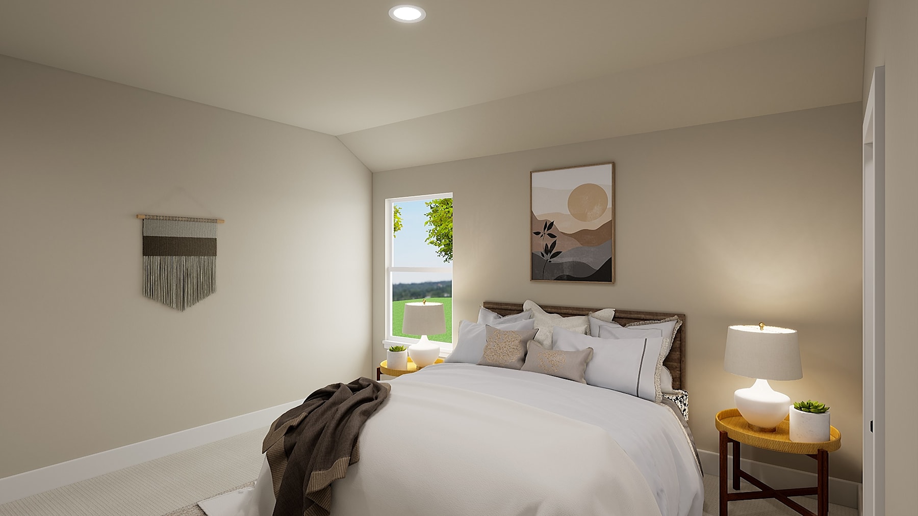 A cozy and inviting bedroom with a large bed, neutral-toned decor, and a framed artwork on the wall, overlooking a lush outdoor view through a window.