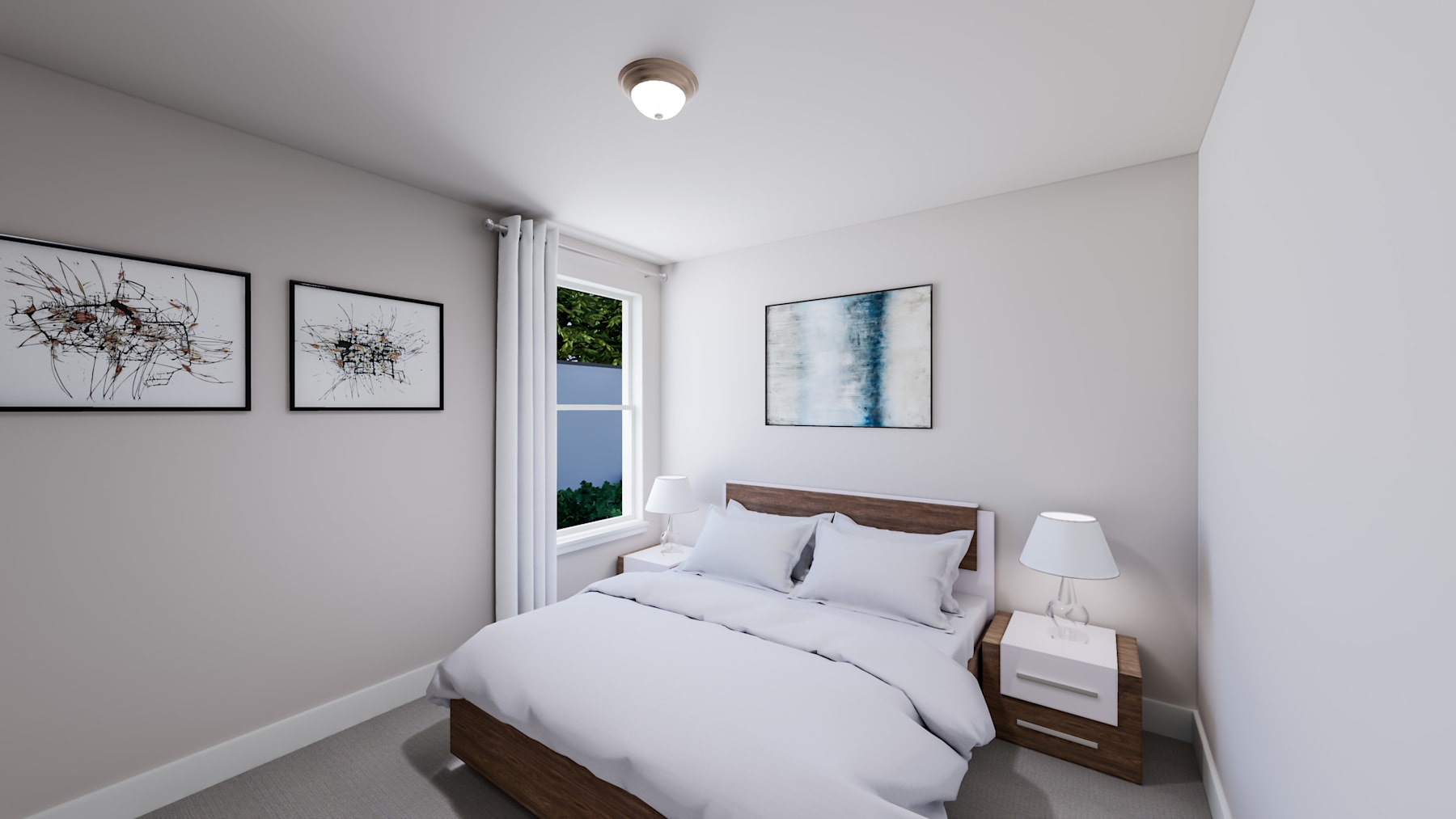 A cozy and minimalist bedroom with a white bed, framed artwork on the walls, and a small nightstand beside the bed.