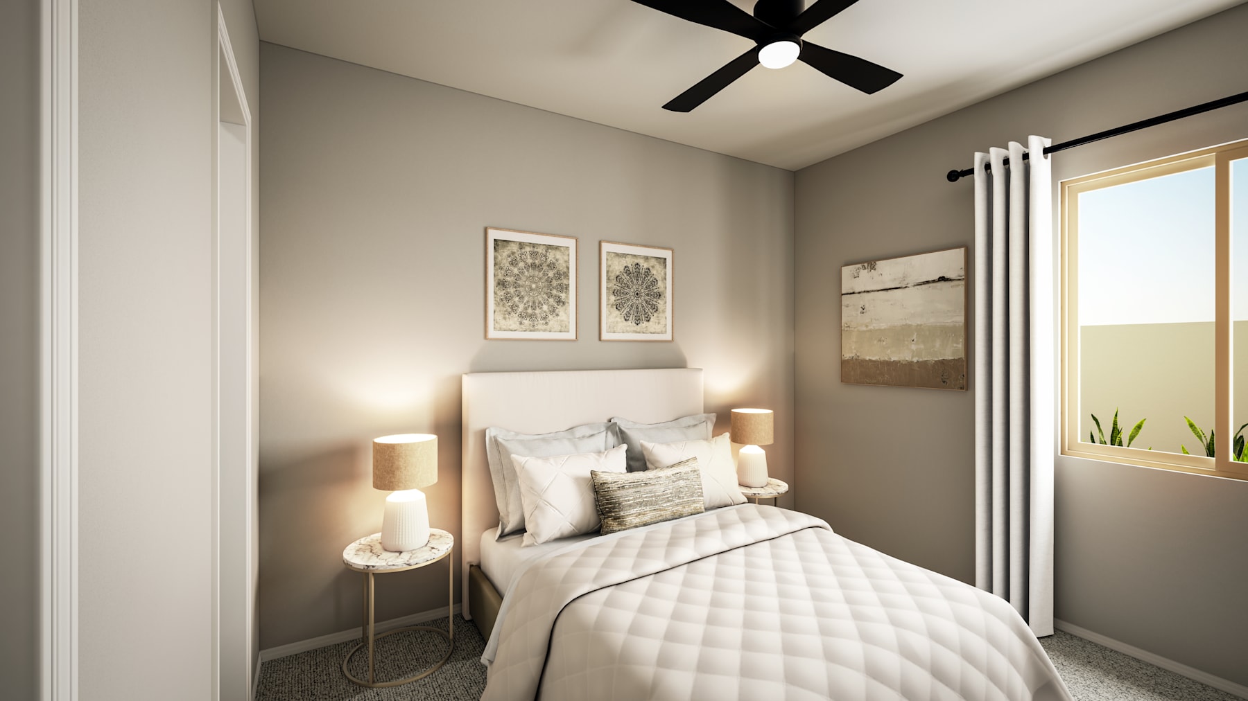 A cozy and well-designed bedroom with a white quilted bedspread, decorative wall art, and a ceiling fan providing a comfortable and inviting atmosphere.