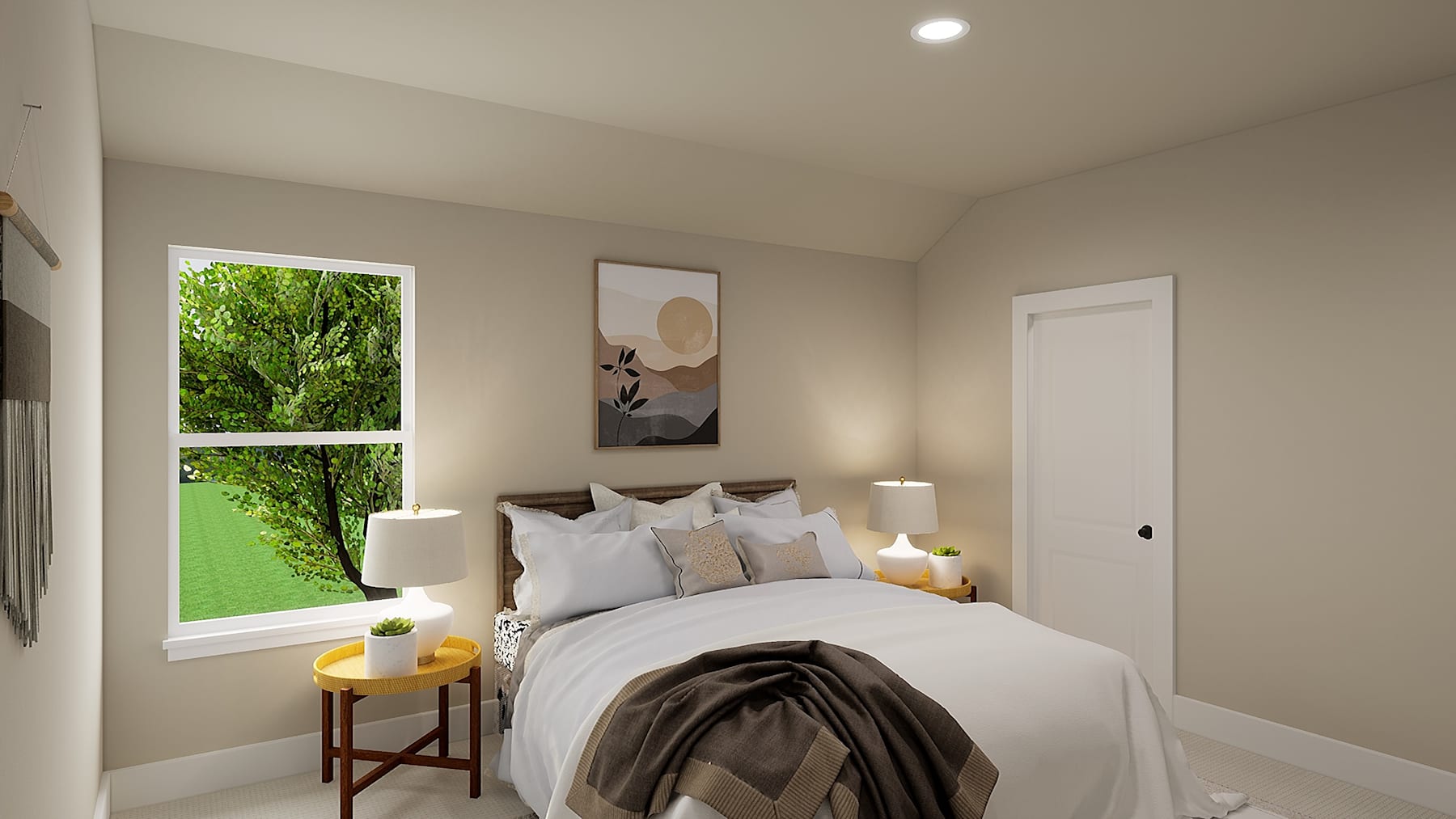 A cozy and inviting bedroom with a large window overlooking a lush, green outdoor scene, featuring a neatly made bed with neutral-toned bedding and decorative accents.
