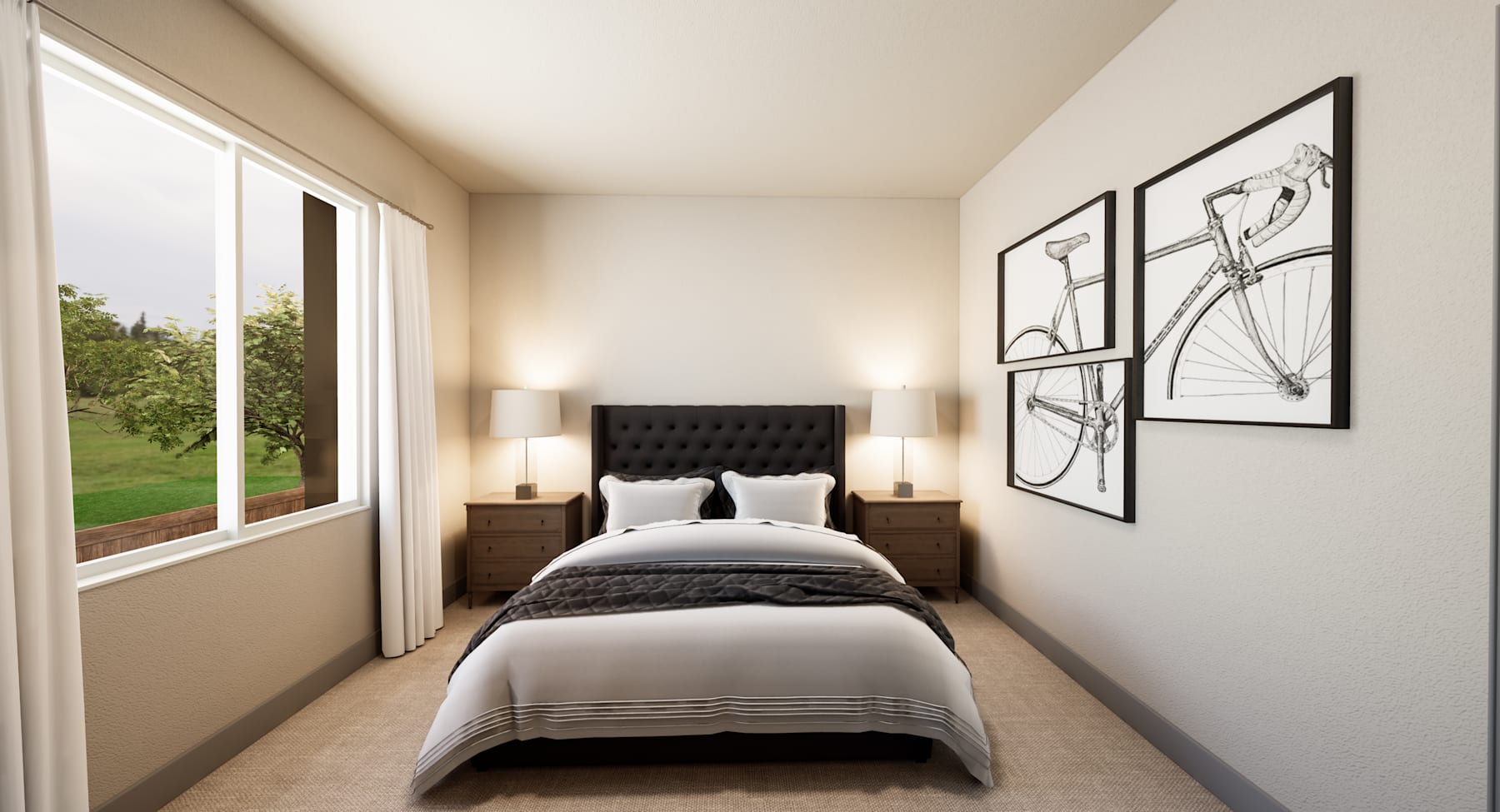 A cozy and well-designed bedroom with a large window overlooking a lush outdoor landscape, featuring a tufted headboard, framed artwork, and a minimalist decor style.