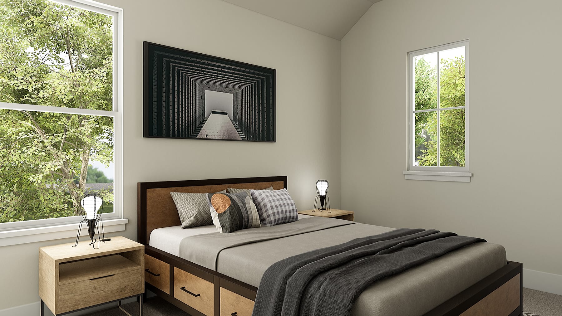 A cozy and modern bedroom with a large framed artwork on the wall, a wooden bed frame with storage drawers, and large windows overlooking a lush, green outdoor landscape.