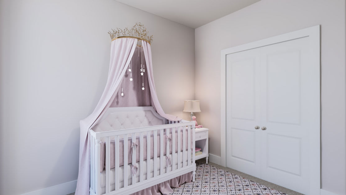 A cozy and elegant nursery with a white crib, a sheer canopy, and a decorative crown above it, set against a light-colored wall.