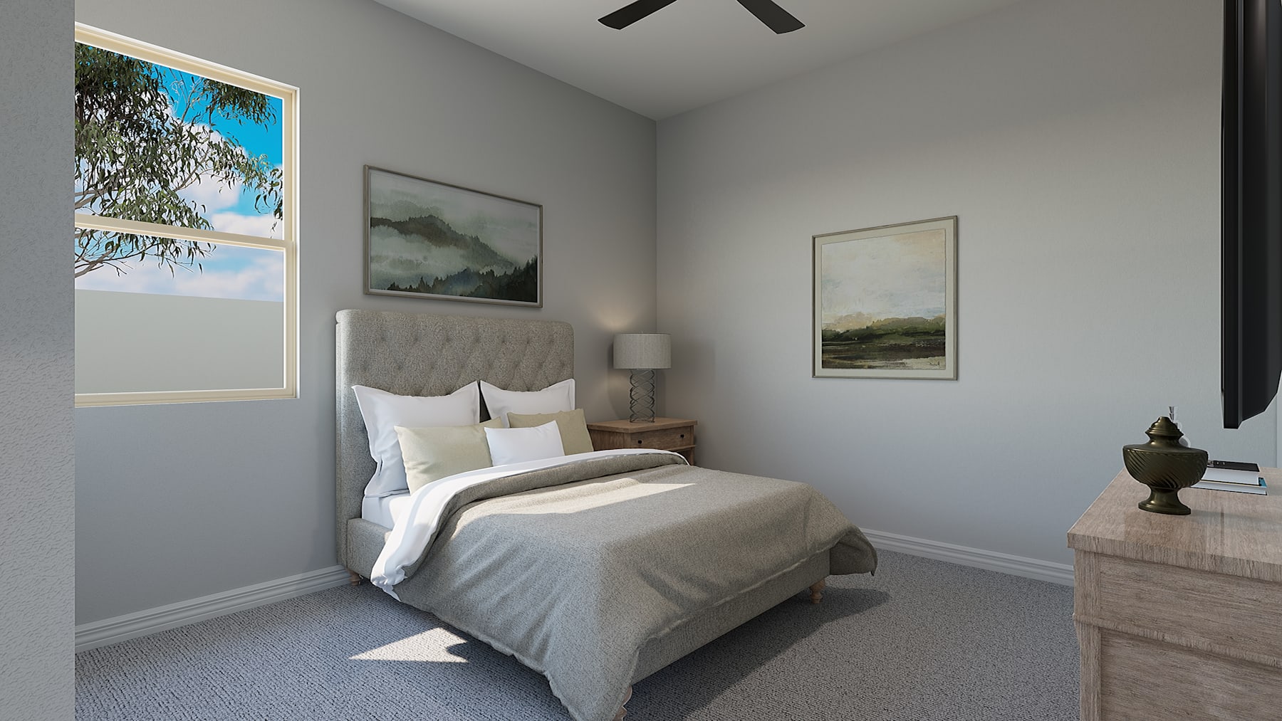 A cozy and well-designed bedroom with a tufted headboard, neutral-toned bedding, and framed artwork on the walls, complemented by a large window providing natural light and a scenic view.
