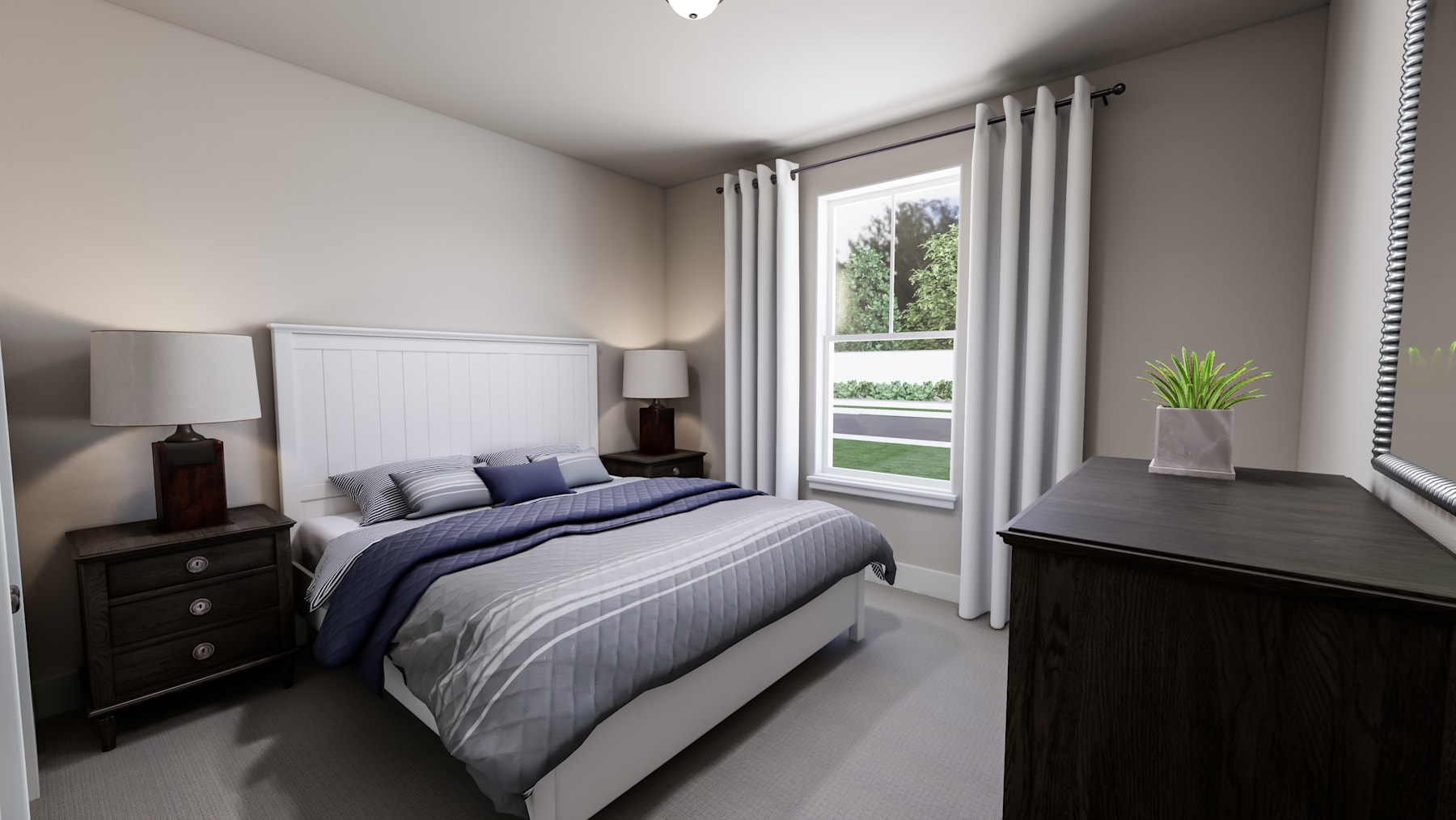 A cozy and modern bedroom with a large window overlooking greenery, featuring a gray-toned color scheme, a bed with striped bedding, and a potted plant adding a touch of nature.