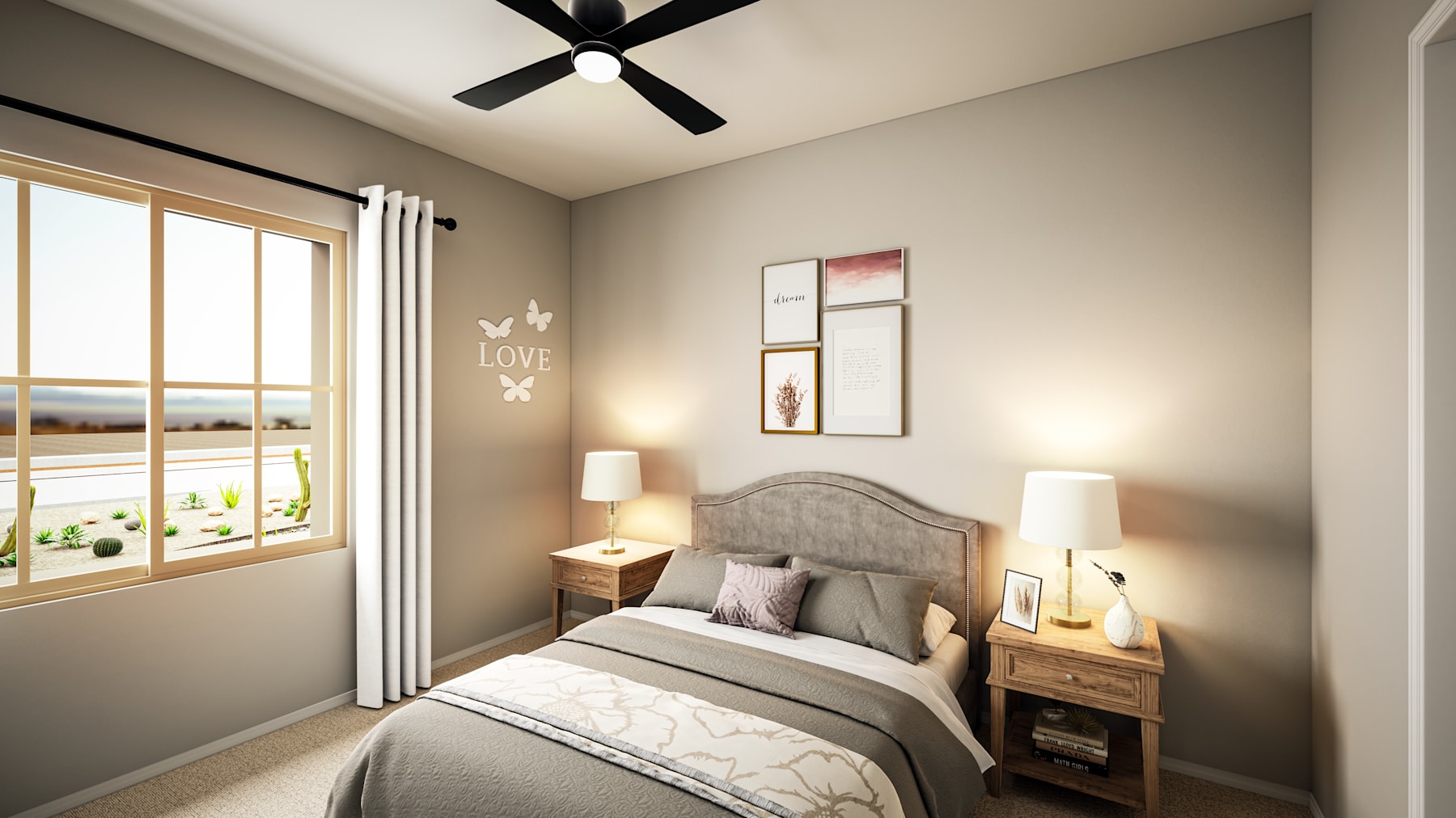 A cozy and inviting bedroom with a gray-toned color scheme, featuring a plush bed, nightstands, and a ceiling fan, set against a backdrop of large windows overlooking a scenic outdoor view.