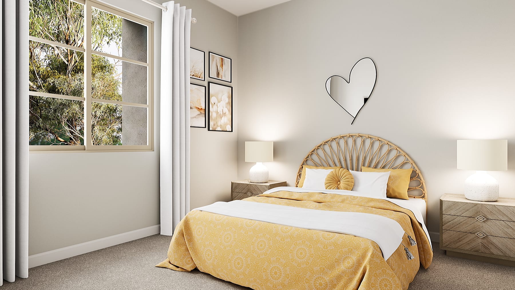 A cozy and inviting bedroom with a large window overlooking lush greenery, featuring a rattan headboard, yellow bedding, and minimalist wall decor.