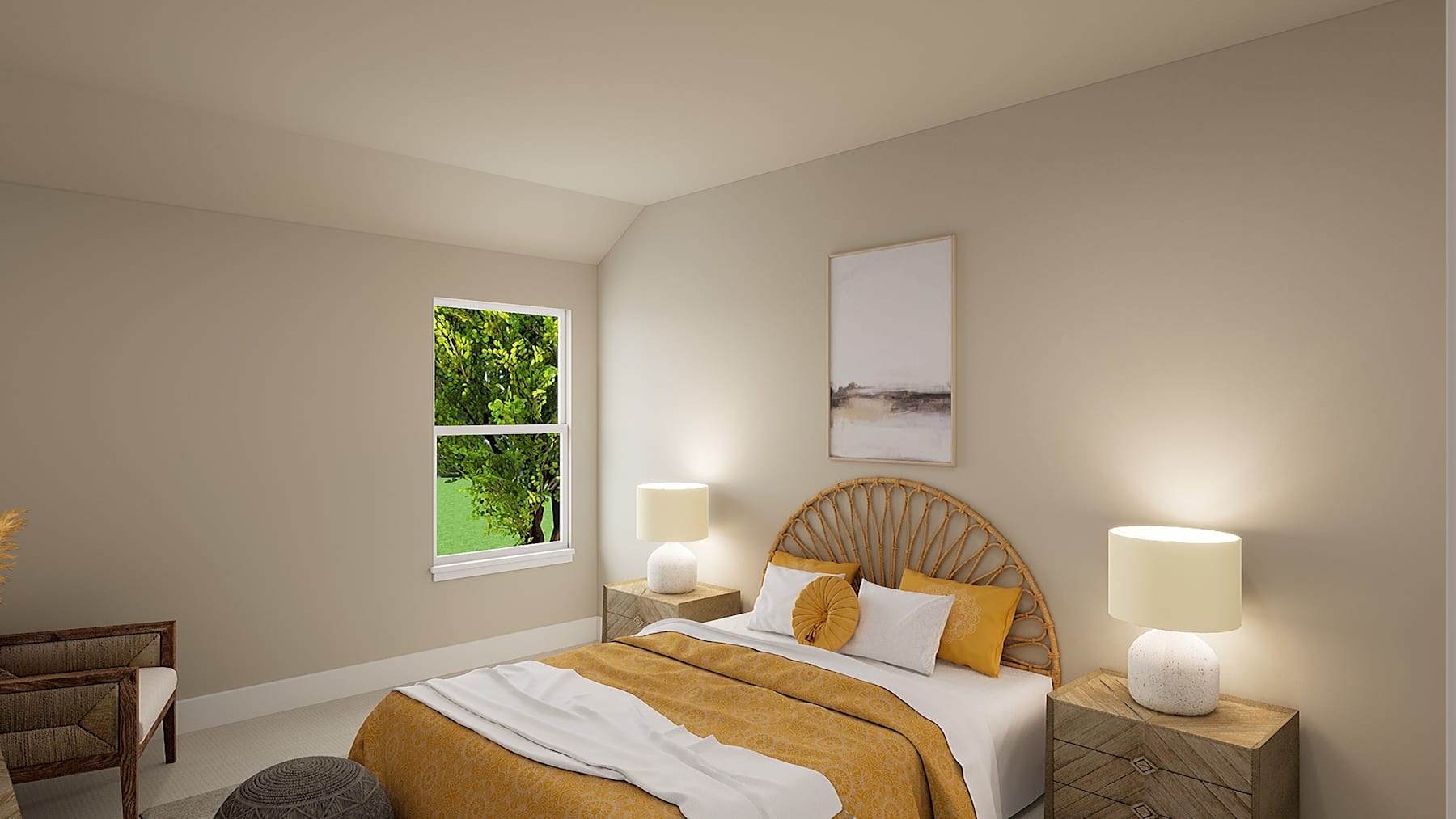 A cozy and inviting bedroom with a large window overlooking a lush, green landscape, featuring a wooden headboard, warm-toned bedding, and minimalist decor.