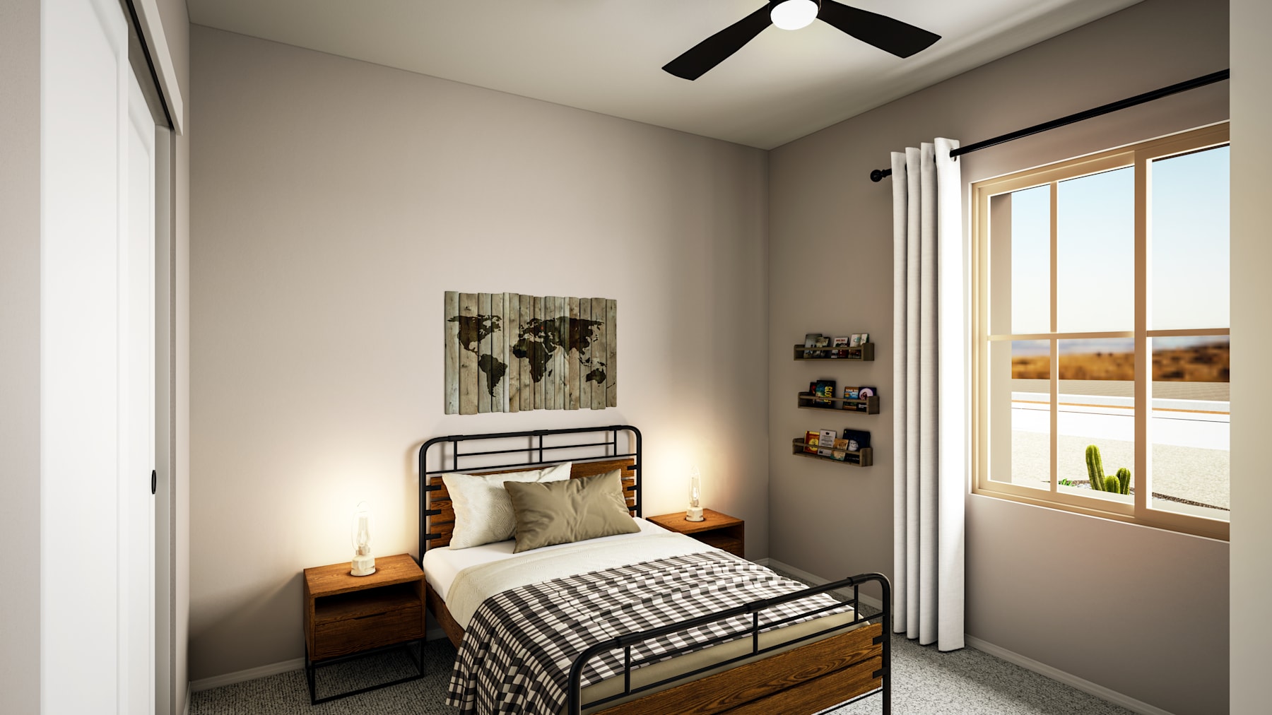 A cozy and minimalist bedroom with a metal bed frame, wooden nightstand, and a world map artwork on the wall, overlooking a scenic outdoor view through the window.