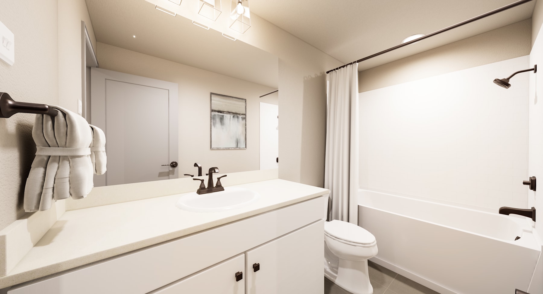 A modern, minimalist bathroom with a white vanity, a framed artwork, and a shower enclosure in the background.