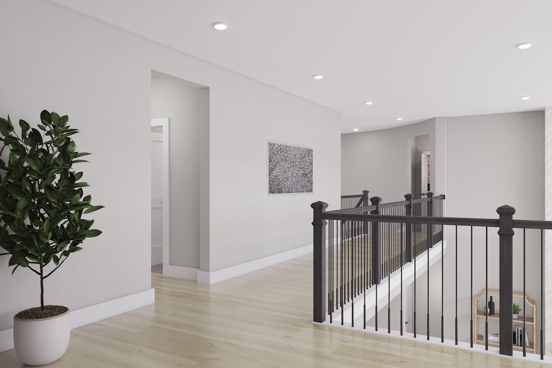 A modern, minimalist hallway with a potted plant, wooden flooring, and a black metal railing leading to a doorway.