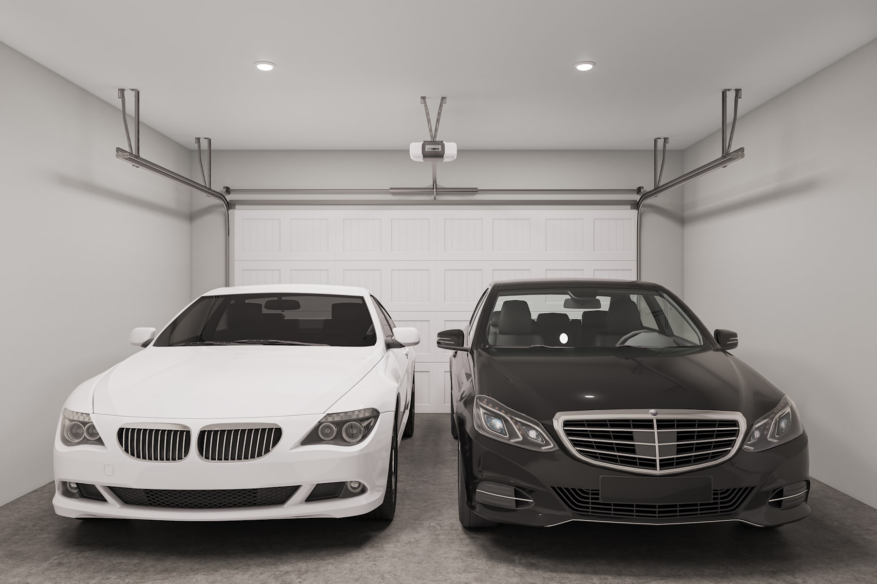 A modern, well-lit garage with two luxury vehicles parked side by side - a white BMW and a black Mercedes-Benz.