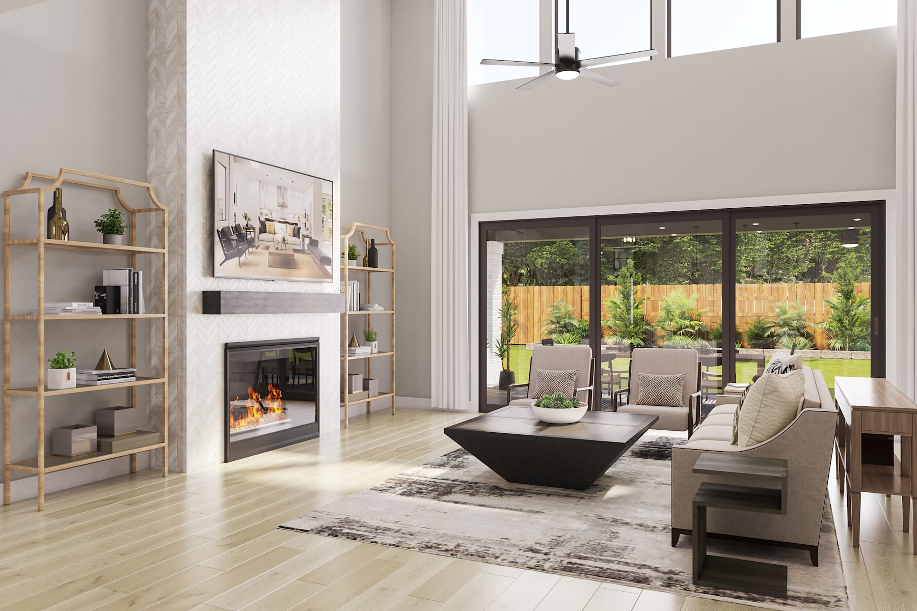 A modern and spacious living room with a fireplace, shelving unit, and large windows overlooking a lush outdoor garden area.