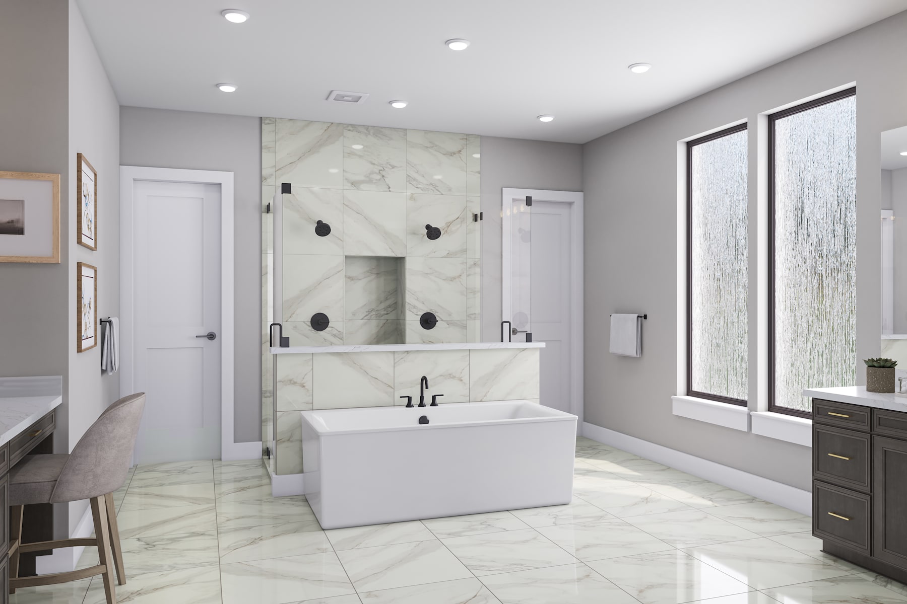 A modern, well-lit bathroom with a freestanding bathtub, vanity, and large windows providing natural light.