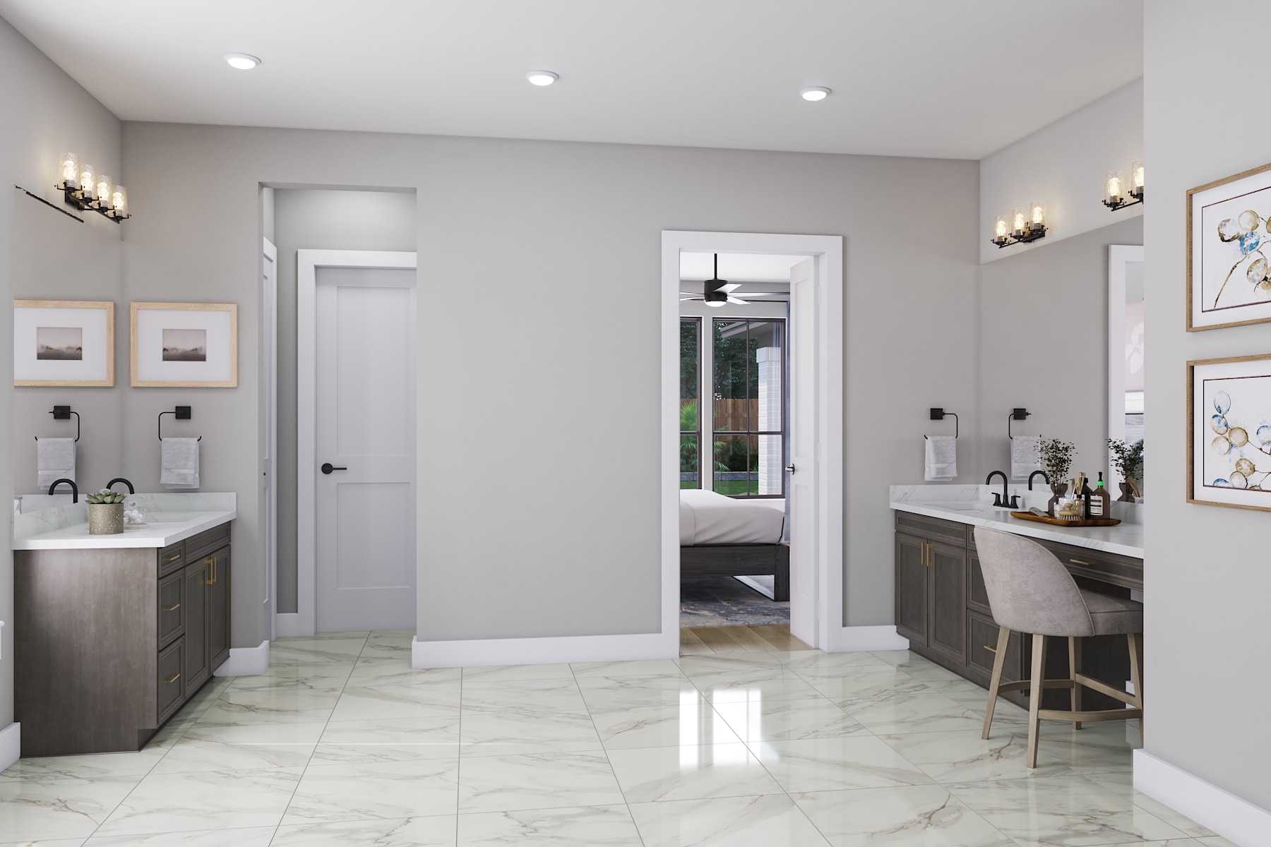 A modern and minimalist bathroom with gray walls, white tile flooring, and wooden vanity cabinets. The room features recessed lighting, framed artwork, and a mirrored door leading to an adjacent room.