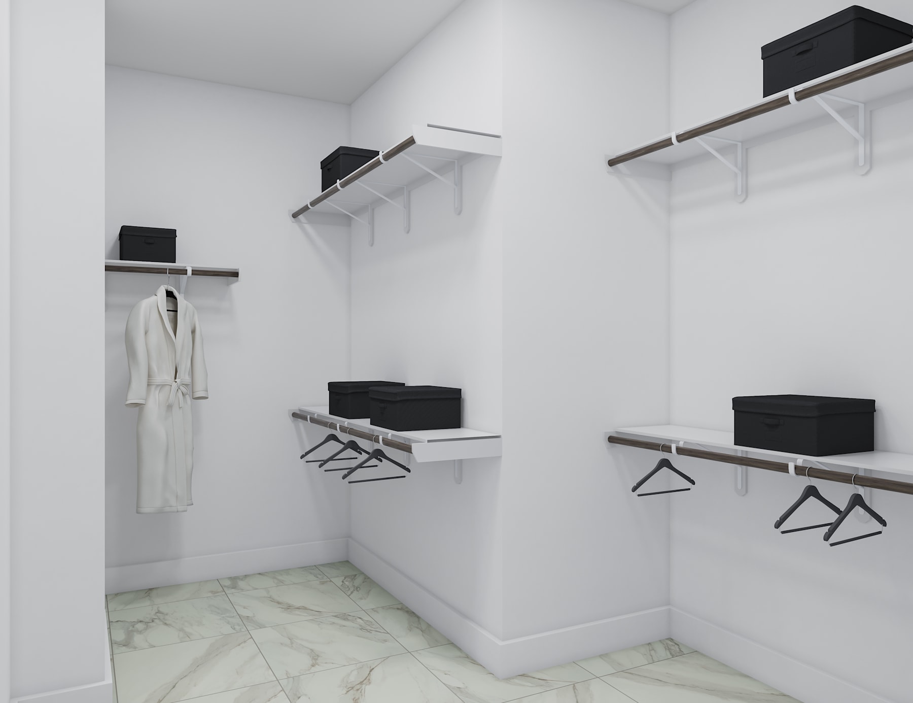 A minimalist and organized walk-in closet with white walls, shelves, and hangers, along with black storage boxes and a marble-patterned floor.