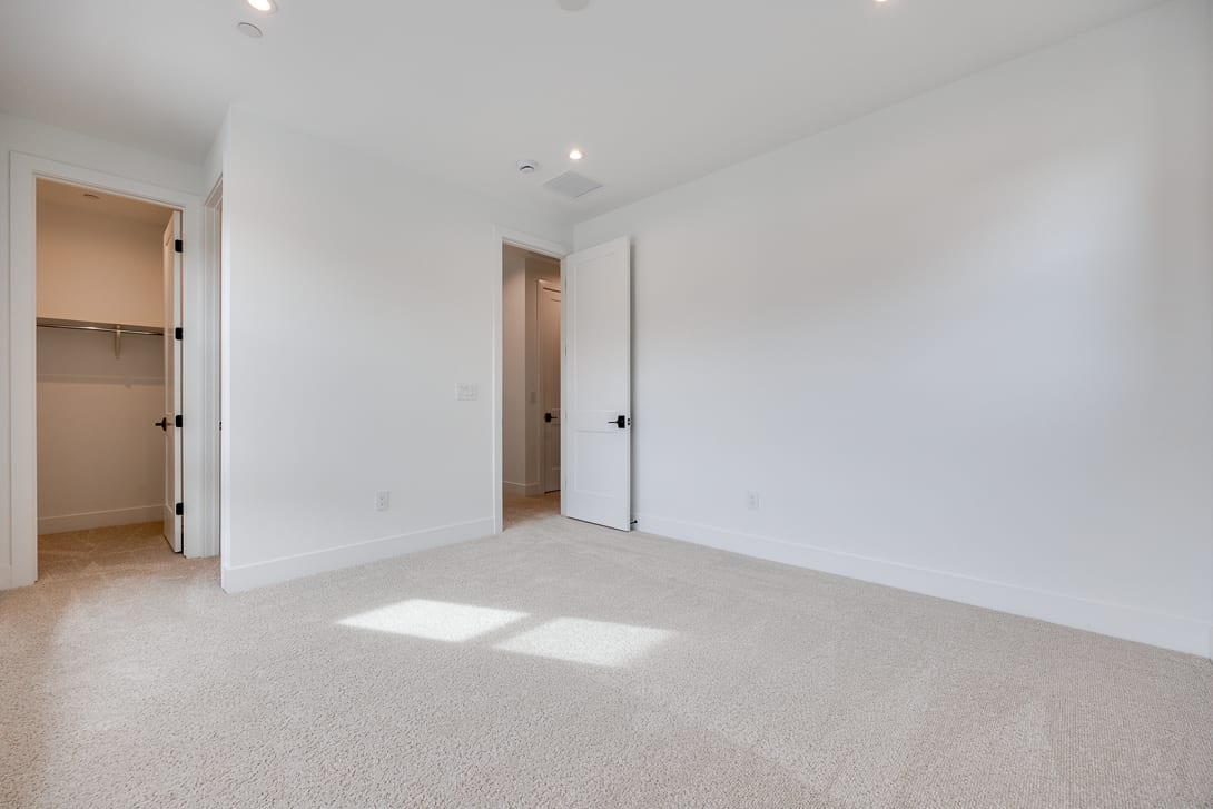 A spacious, minimalist room with white walls, a carpeted floor, and two doorways leading to other areas.