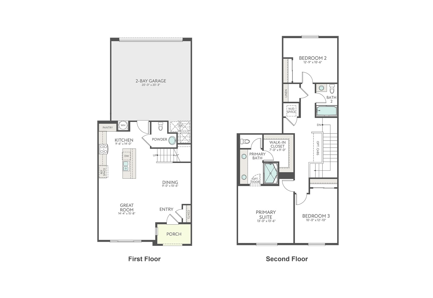 The image shows the floor plans of a two-story residential building, with the first floor and second floor layouts displayed side by side.