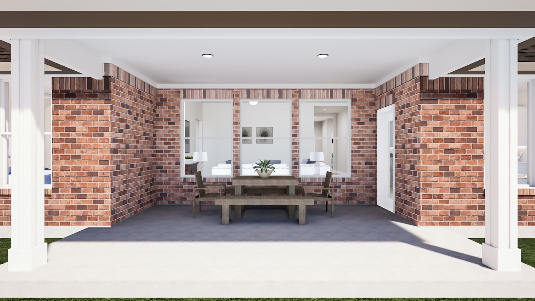A spacious and inviting entryway with exposed brick walls, a wooden bench, and a window, leading into a well-lit interior.