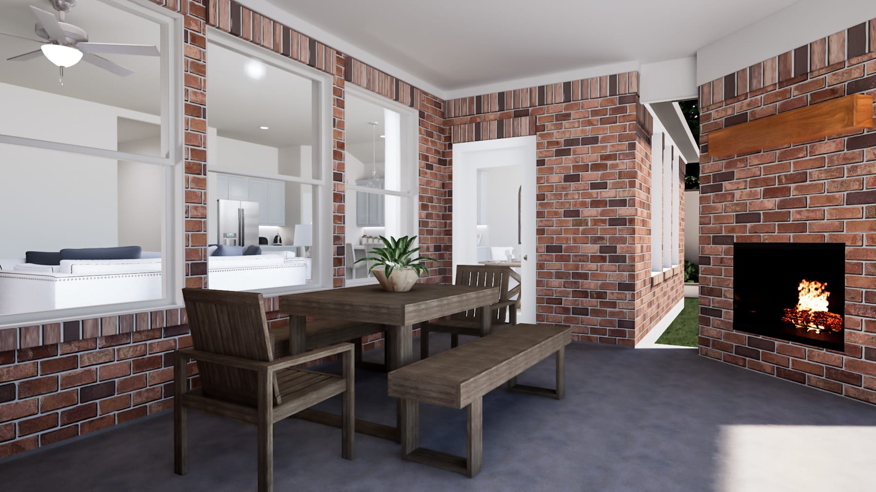 A cozy dining area with a wooden table and benches, surrounded by exposed brick walls and a fireplace in the background, creating a warm and inviting atmosphere.