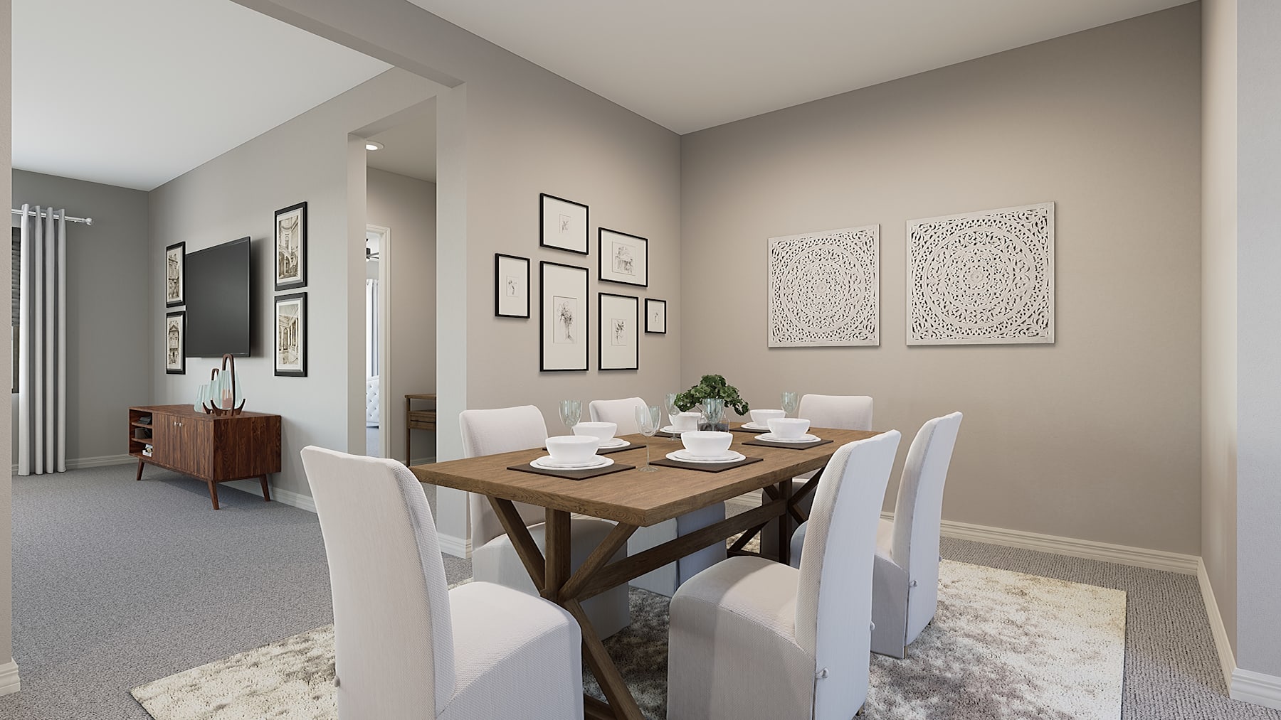 A cozy and modern dining room with a wooden table, white chairs, and decorative wall art.