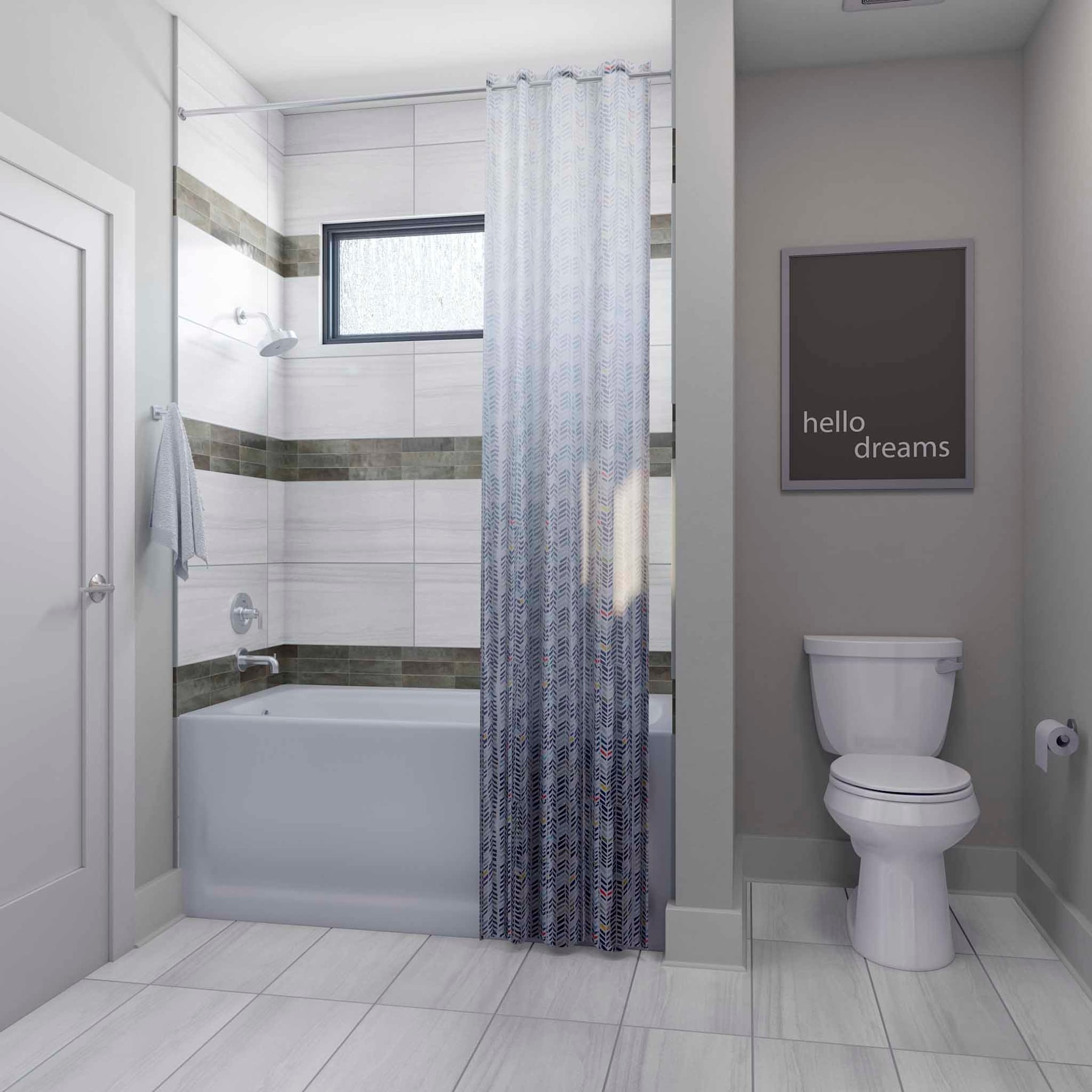 A modern, minimalist bathroom with a white and gray color scheme, featuring a bathtub, a toilet, and a framed wall art that says "hello dreams".