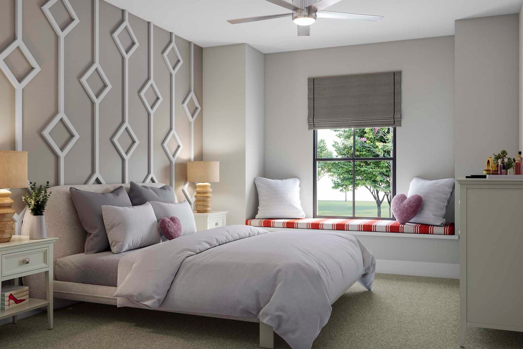 A cozy and well-designed bedroom with a large window overlooking a tree, featuring a comfortable bed, decorative wall patterns, and a ceiling fan.