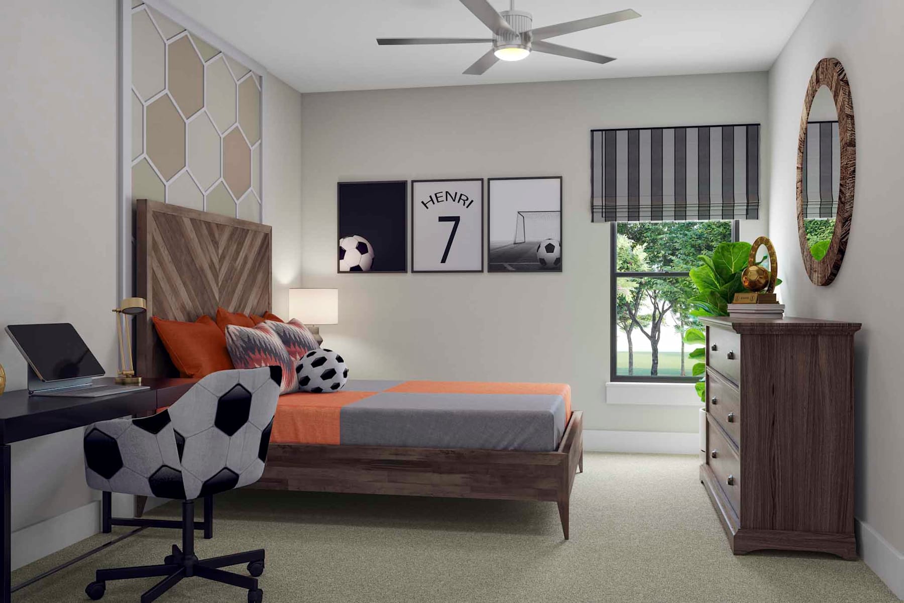 A cozy and stylish bedroom with a wooden bed frame, patterned bedding, and various decorative elements, including a ceiling fan, wall art, and a dresser, all set against a neutral color scheme and a view of the outdoors through a window.