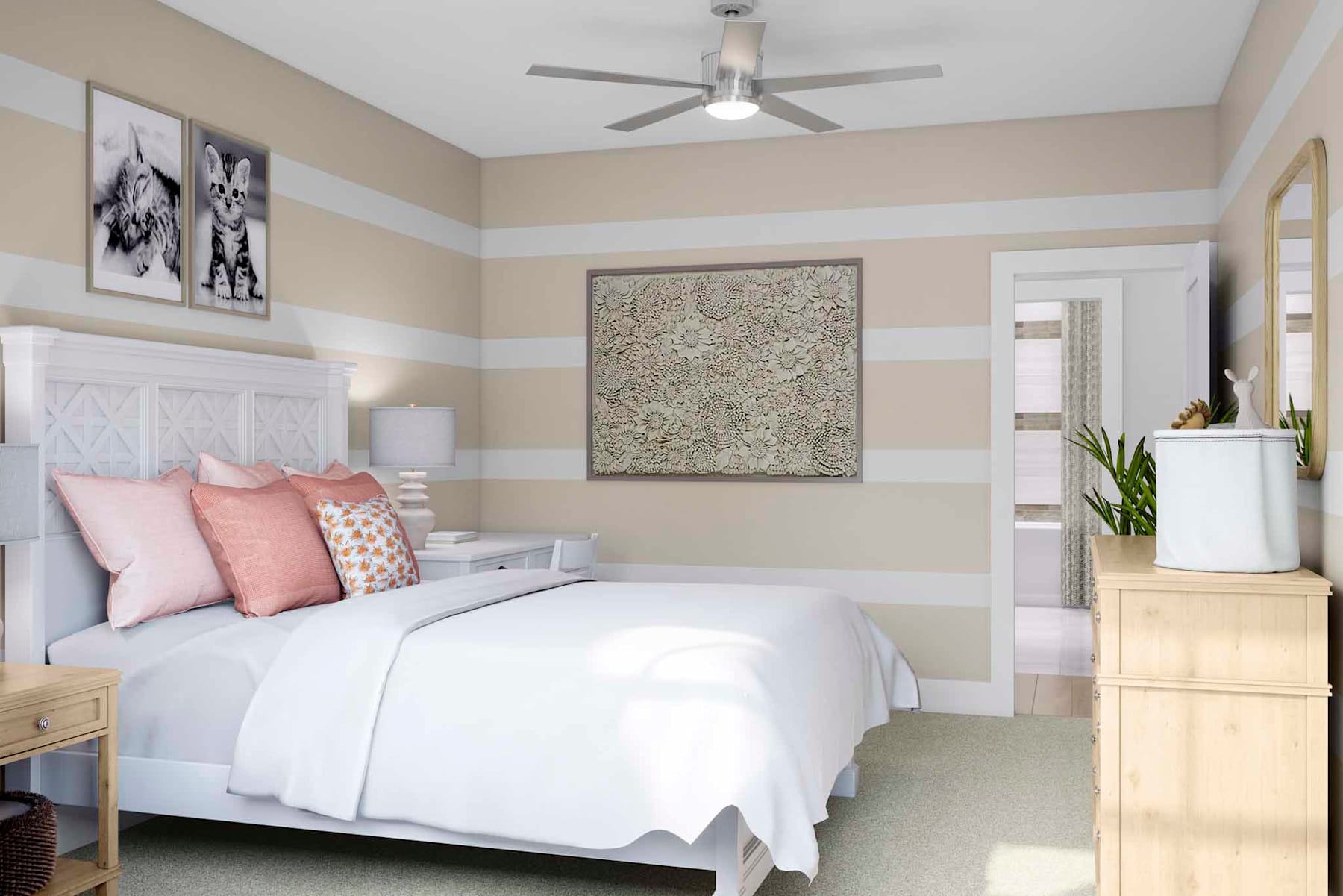 A cozy and inviting bedroom with a striped accent wall, a plush bed adorned with pink and white bedding, and a ceiling fan providing a gentle breeze.