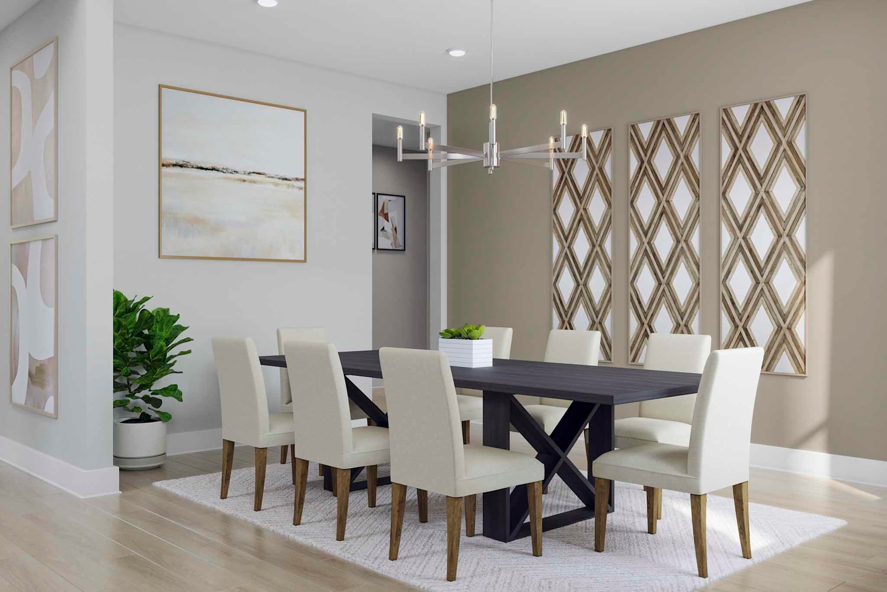 A modern and stylish dining room with a dark wooden table, white upholstered chairs, and decorative wall art and lighting fixtures, set against a neutral color palette and hardwood flooring.