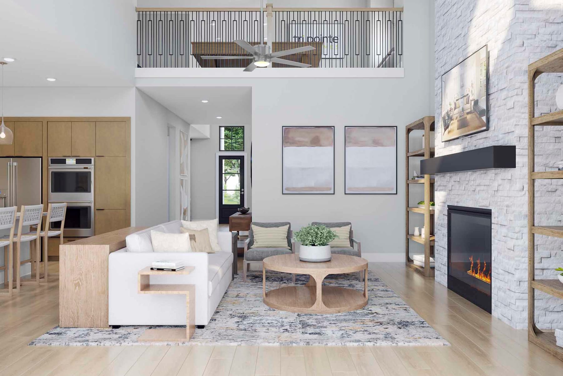 A modern and open-concept living room with a cozy seating area, a fireplace, and a loft-style upper level featuring a ceiling fan.