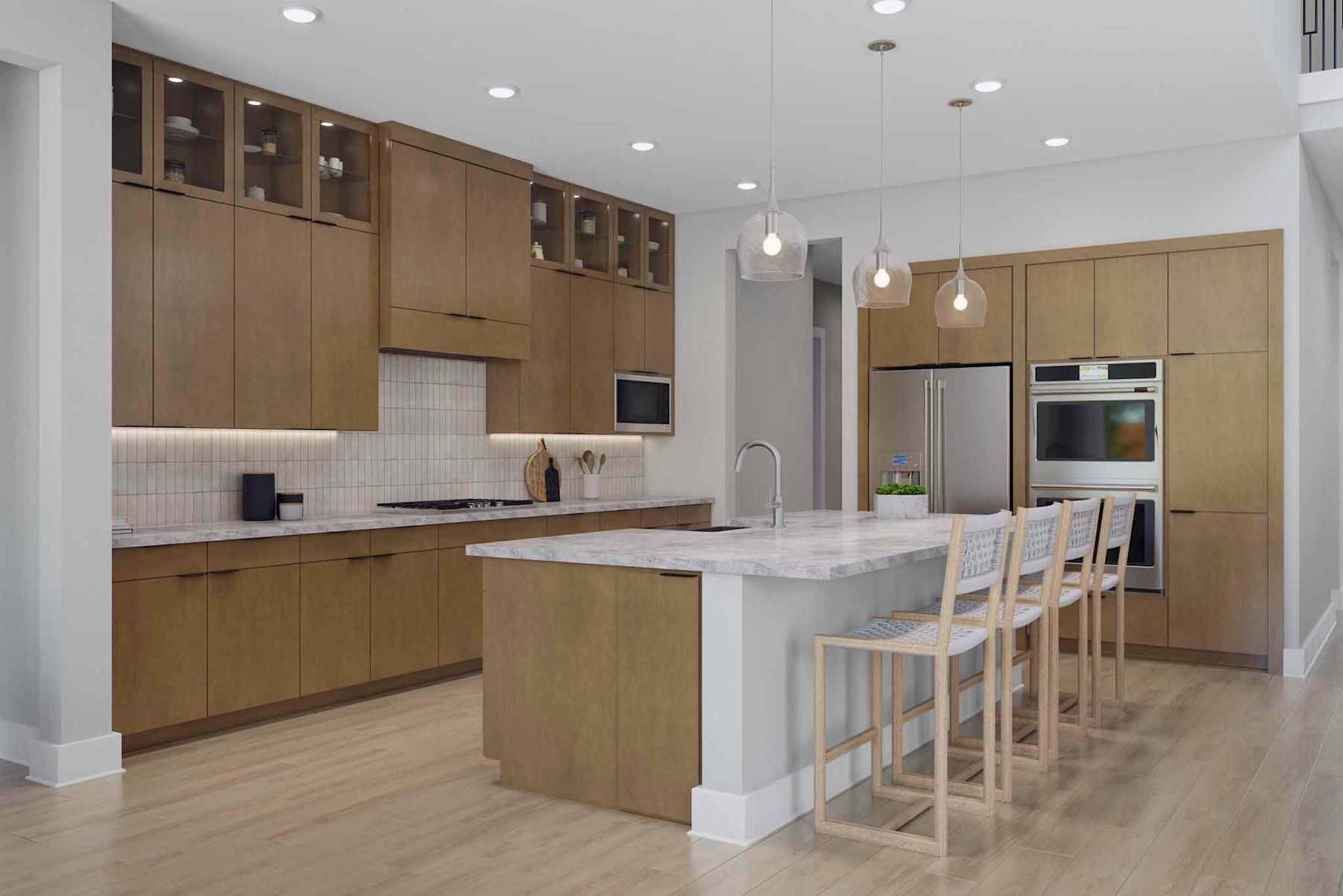A modern, open-concept kitchen with wooden cabinetry, a large central island, and pendant lighting fixtures, set against a bright and airy backdrop.