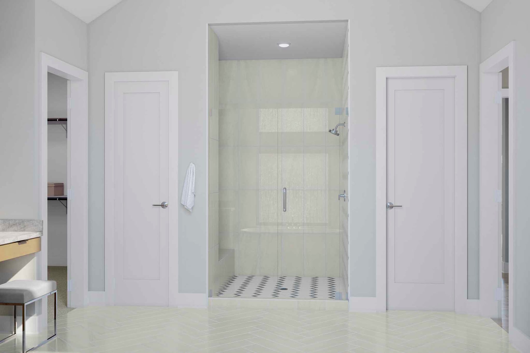 A modern, minimalist bathroom with white walls, a glass-enclosed shower, and a vanity with a wooden countertop.