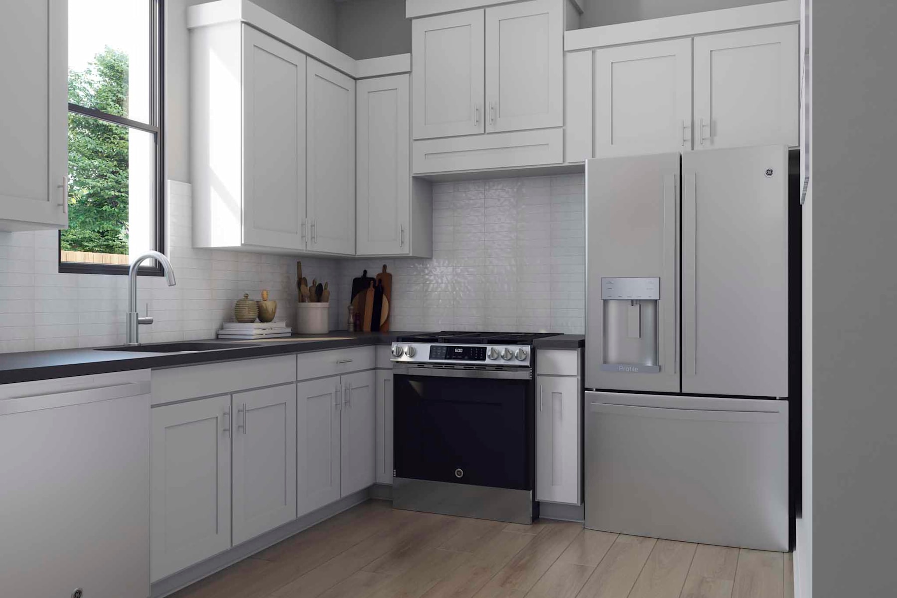 A modern, minimalist kitchen with white cabinets, stainless steel appliances, and a wooden floor.