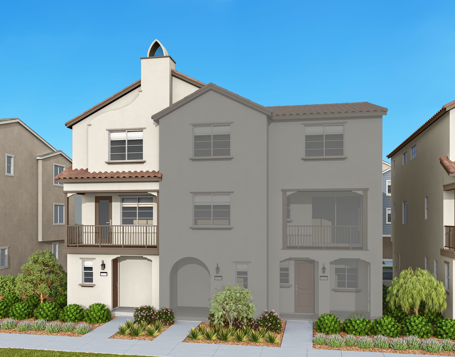 A multi-story residential building with a Mediterranean-style architecture, surrounded by lush greenery and set against a clear blue sky.