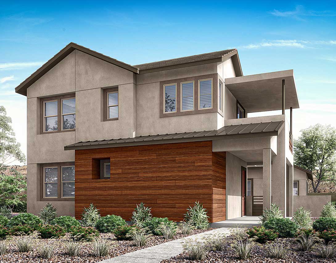 A modern two-story house with a mix of stucco and wood siding, surrounded by lush landscaping and set against a clear blue sky.