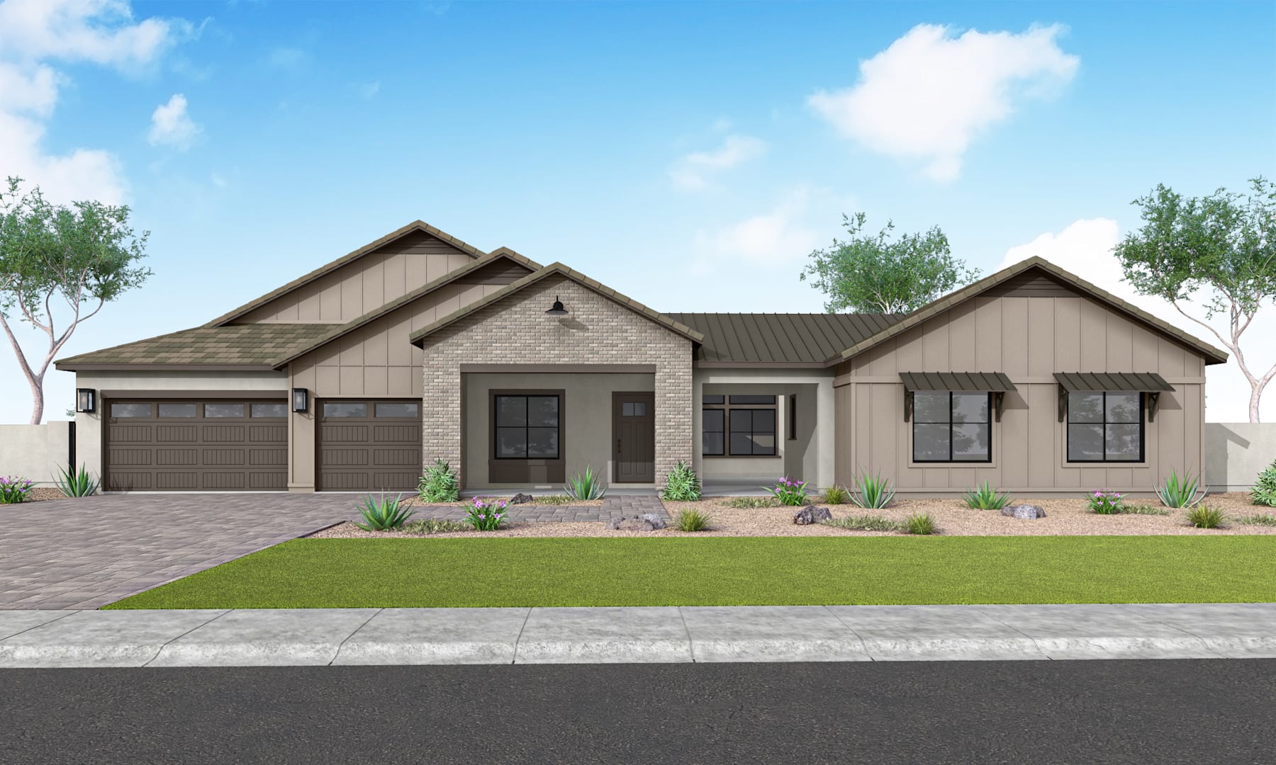 A modern, single-story house with a gabled roof, stone and siding exterior, and a paved driveway leading to a garage. The house is surrounded by a well-manicured lawn and landscaping, with a clear blue sky and scattered clouds in the background.
