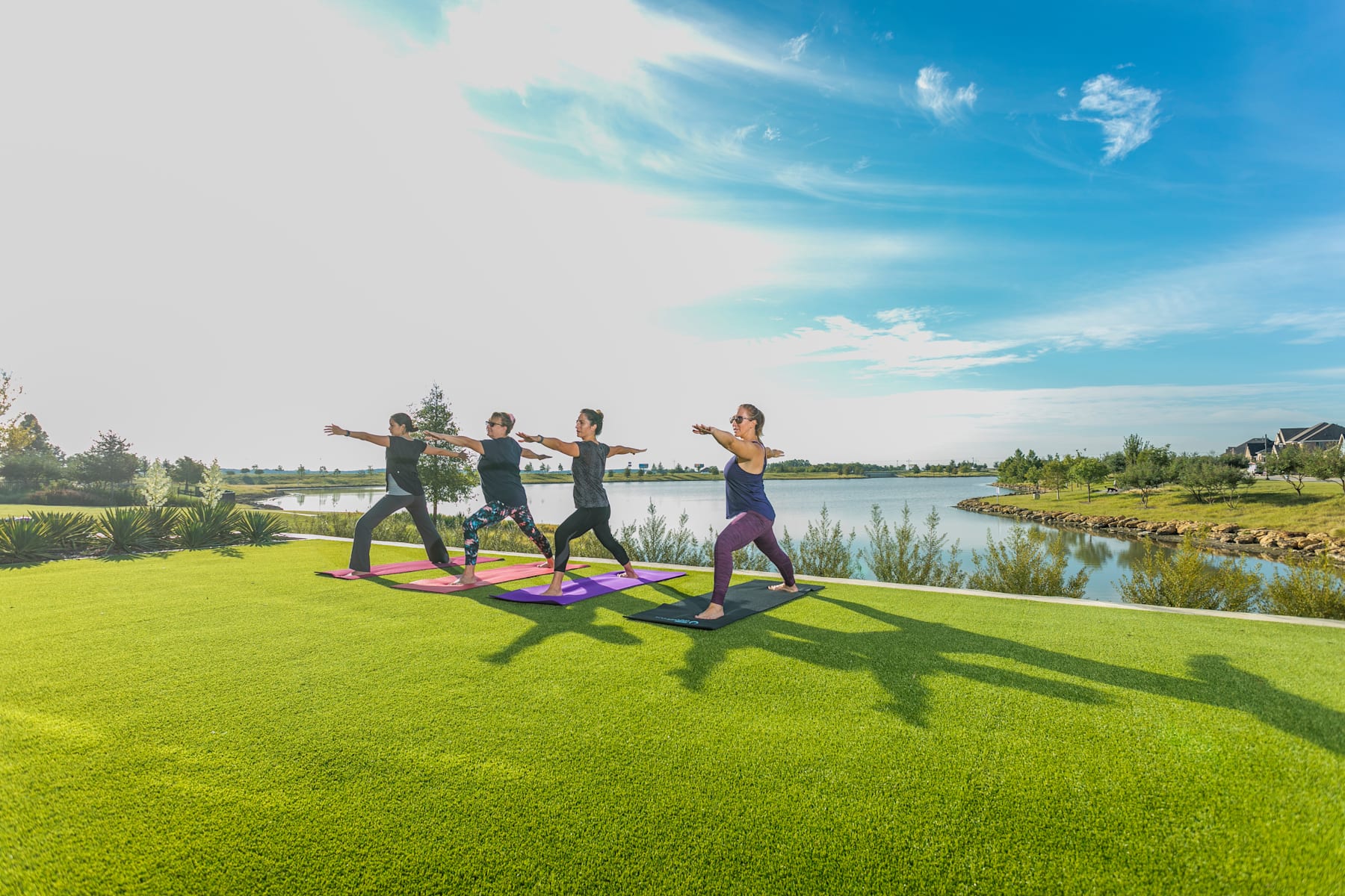 A group of people practicing yoga on a lush green lawn overlooking a serene lake surrounded by trees under a bright blue sky with fluffy clouds.