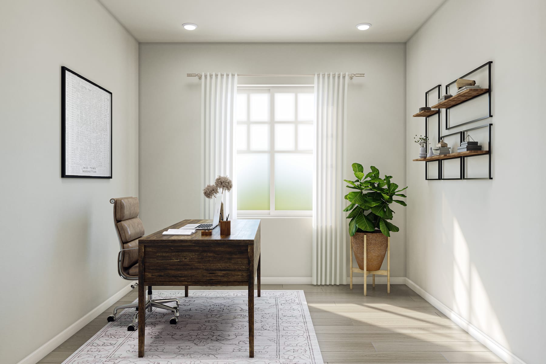 A cozy and well-lit home office space with a wooden desk, a potted plant, and shelves displaying decorative items.