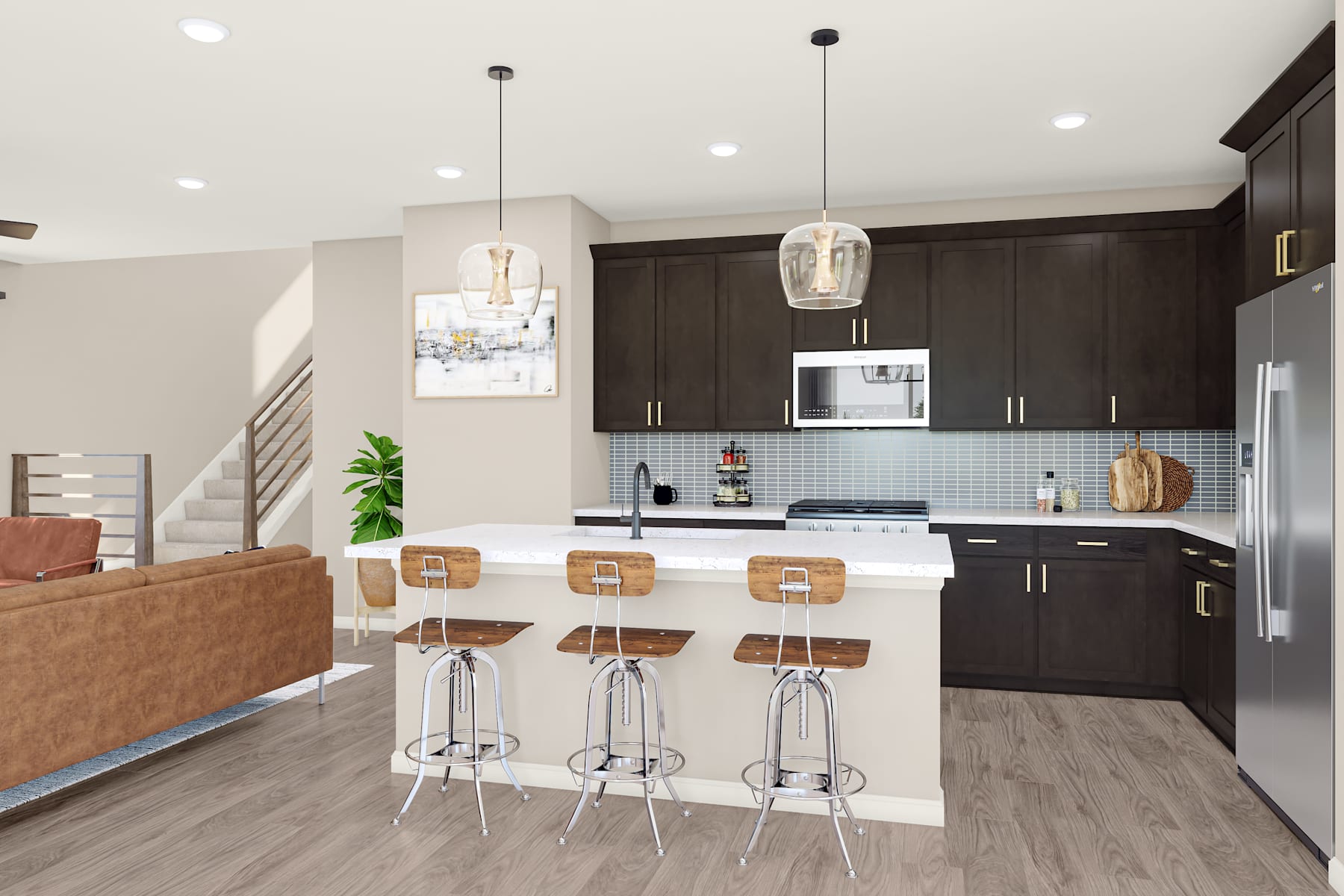 A modern and stylish kitchen with dark cabinets, a white backsplash, and three wooden bar stools at the island counter.