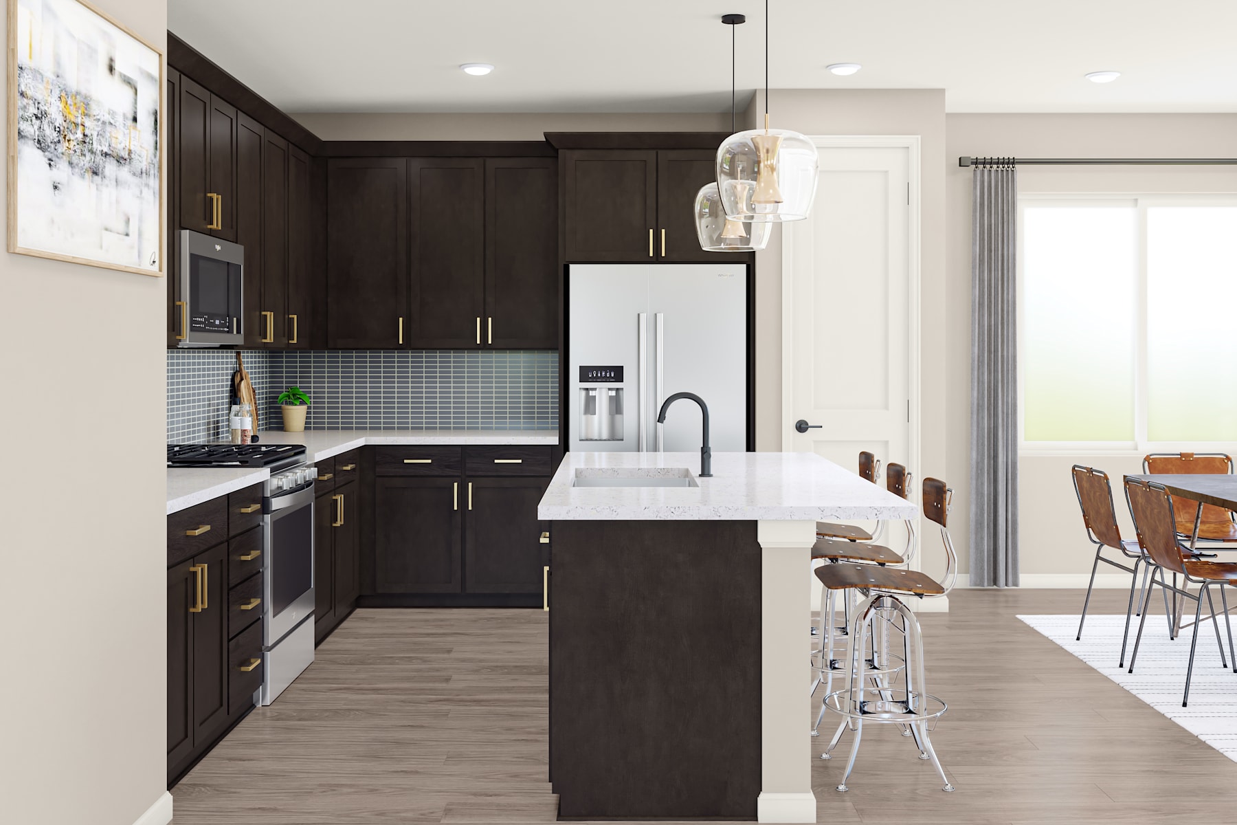 A modern and sleek kitchen with dark wood cabinets, a white refrigerator, and a central island with bar stools, set against a backdrop of light-colored walls and floors.