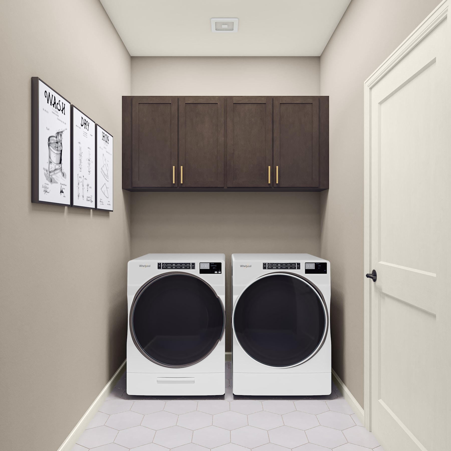 A modern and well-organized laundry room with dark wood cabinets, a white tiled floor, and a pair of white washing machines.